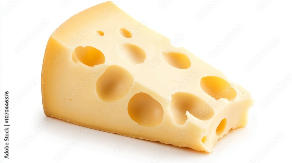 close-up of a piece of cheese with holes. Emmental cheese triangle, Swiss cheese, isolated on white background. High resolution image close-up of a piece of cheese with holes. Emmental cheese triangle, Swiss cheese, isolated on white background. High resolution image