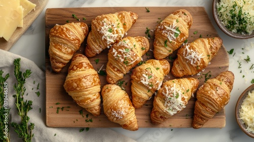  mini croissants served on a wooden platter, photo