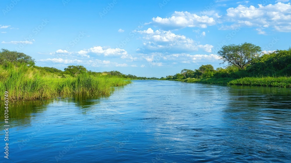 Calm river flowing through green grasslands with a blue sky and white clouds above. Calm river flowing through green grasslands with a blue sky and white clouds above.