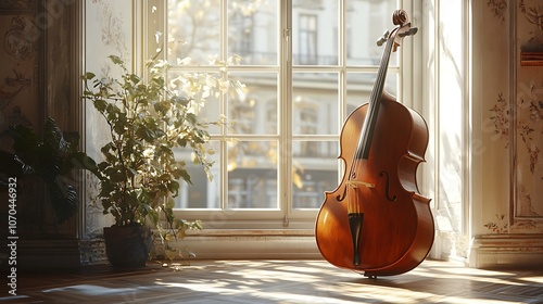 Cello stands gracefully by the sunlit window