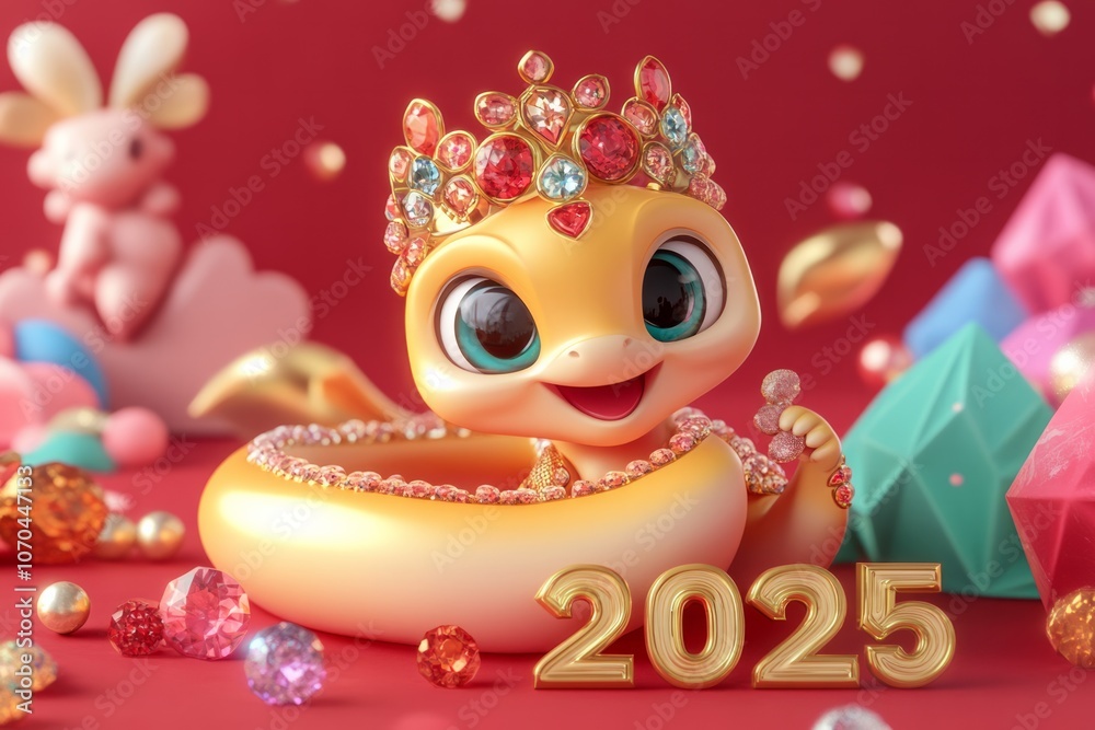 Naklejka premium Golden Snake figurine, 2025 numbers and festive new year decoration on red glittering background