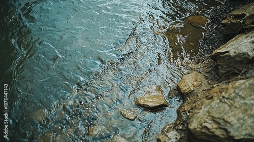 Calm water flows over smooth rocks at the edge of a stream.
