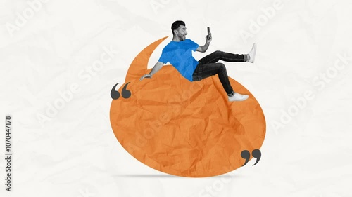 Motion collage video of happy guy hold phone surf bubble chat message correspondence email distance talk
