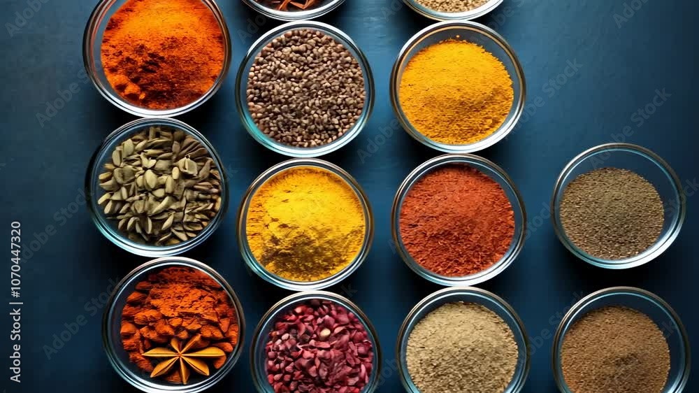 Assortment of Spices in Glass Bowls, spices in bowls, spice bowls, spice assortment, spice mix, spices collection