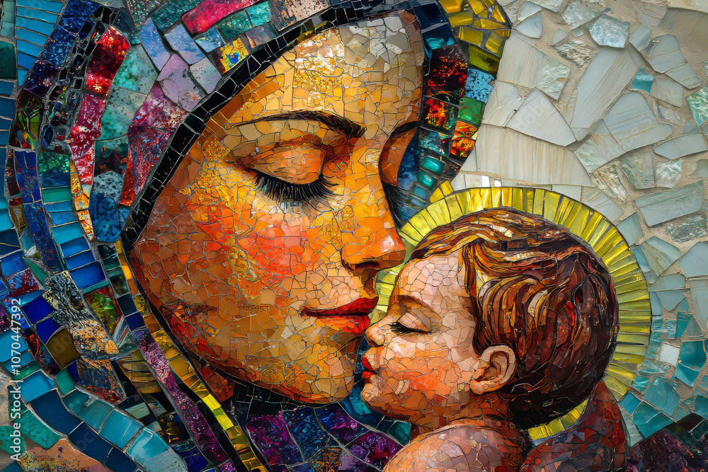 Close-up of intricate stained glass art showing Madonna and Child in vibrant colors, symbolizing love, devotion, and maternal warmth.
Close-up of intricate stained glass art showing Madonna and Child in vibrant colors, symbolizing love, devotion, and maternal warmth.