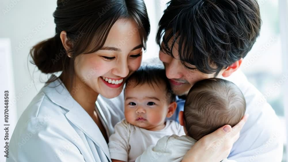 Happy Family with Twins, newborn, baby, parents, love, joy Happy Family with Twins, newborn, baby, parents, love, joy