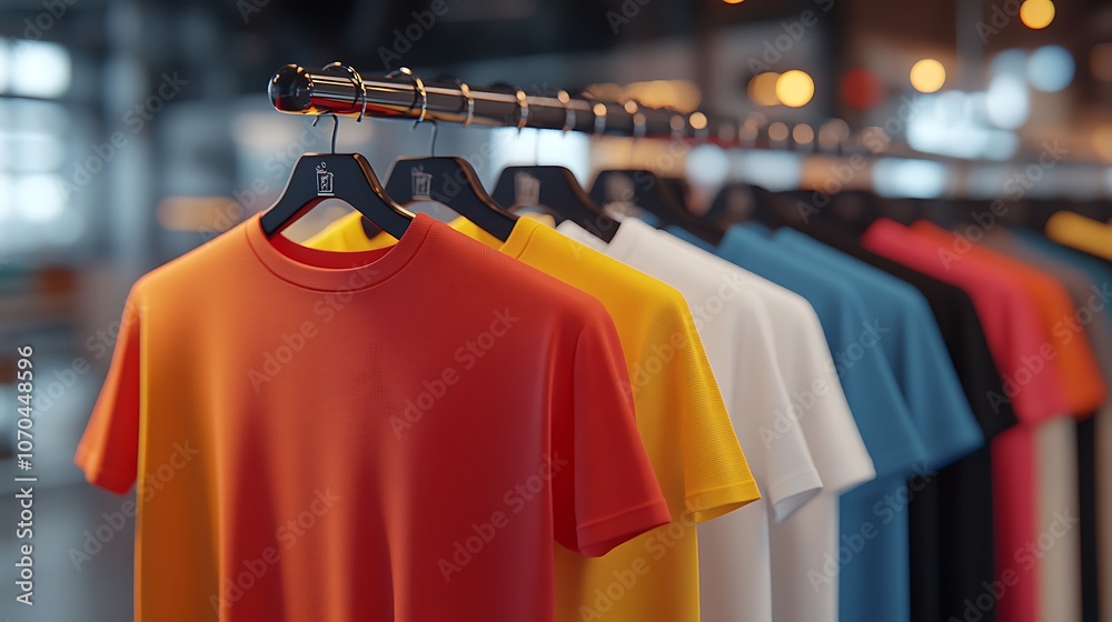 Colorful t-shirts hang neatly on display racks Colorful t-shirts hang neatly on display racks
