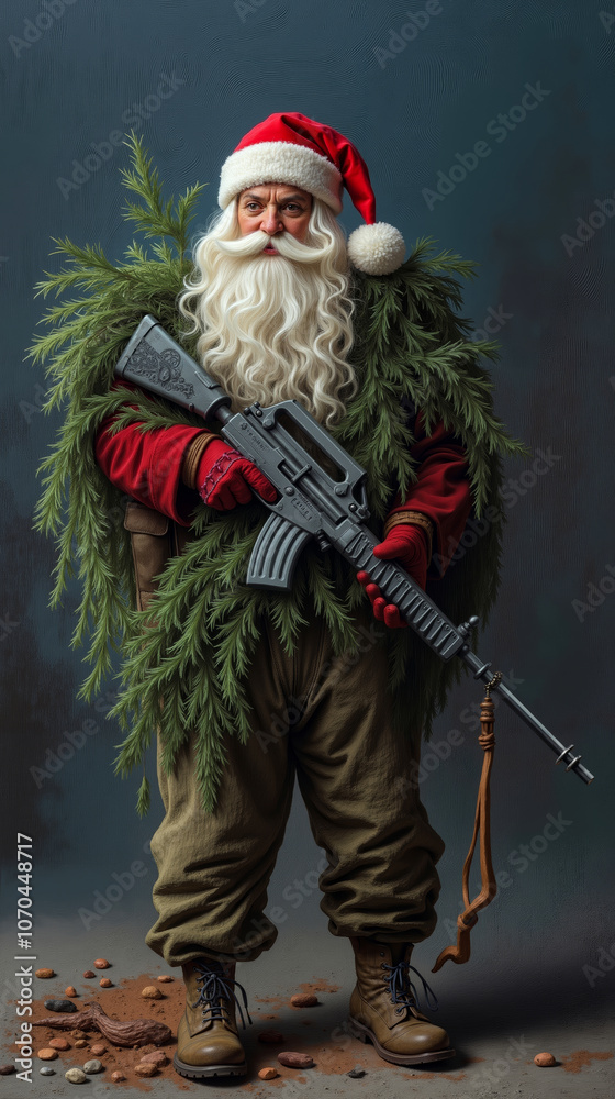 A painting of a santa claus holding a rifle and a Christmas tree A painting of a santa claus holding a rifle and a Christmas tree