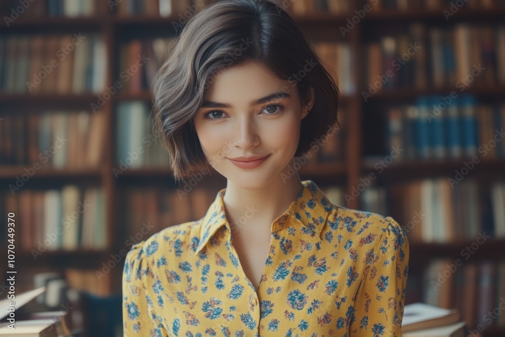 an attractive librairian woman with short hair,