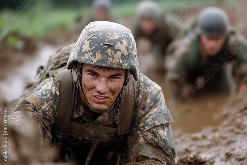 A determined soldier, face streaked with mud, crawls through an intensive training course, highlighting physical endurance and mental focus in challenging conditions.