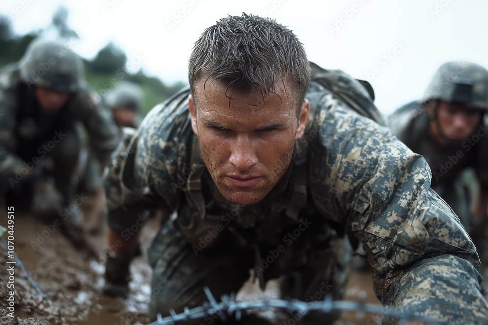 Amidst a muddy terrain, a soldier exhibits intense focus as he crawls, showcasing the rigors of military training and the soldier's dedication and perseverance. Amidst a muddy terrain, a soldier exhibits intense focus as he crawls, showcasing the rigors of military training and the soldier's dedication and perseverance.