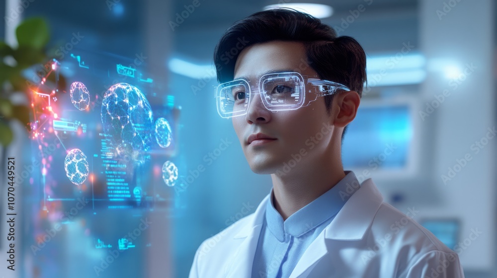 A futuristic HR professional in a healthcare environment, dressed in smart-casual attire, surrounded by holographic interfaces displaying employee well-being data, performance analytics A futuristic HR professional in a healthcare environment, dressed in smart-casual attire, surrounded by holographic interfaces displaying employee well-being data, performance analytics