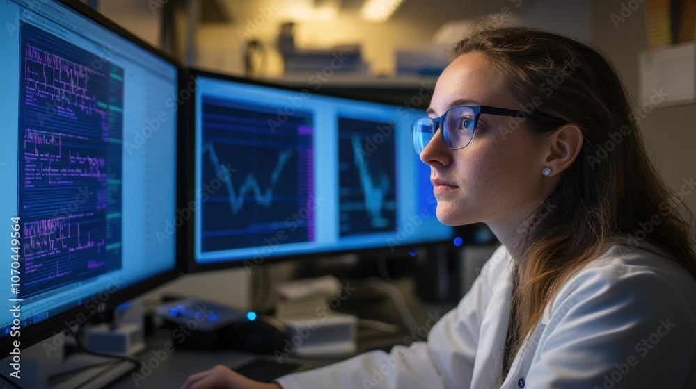 Female Data Scientist Analyzing Information on Computers Female Data Scientist Analyzing Information on Computers