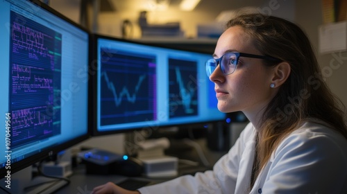 Female Data Scientist Analyzing Information on Computers