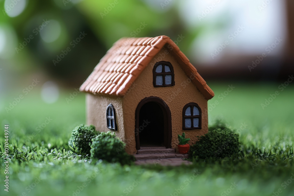 Miniature House Model on Lush Green Grass Real Estate Concept Miniature House Model on Lush Green Grass Real Estate Concept