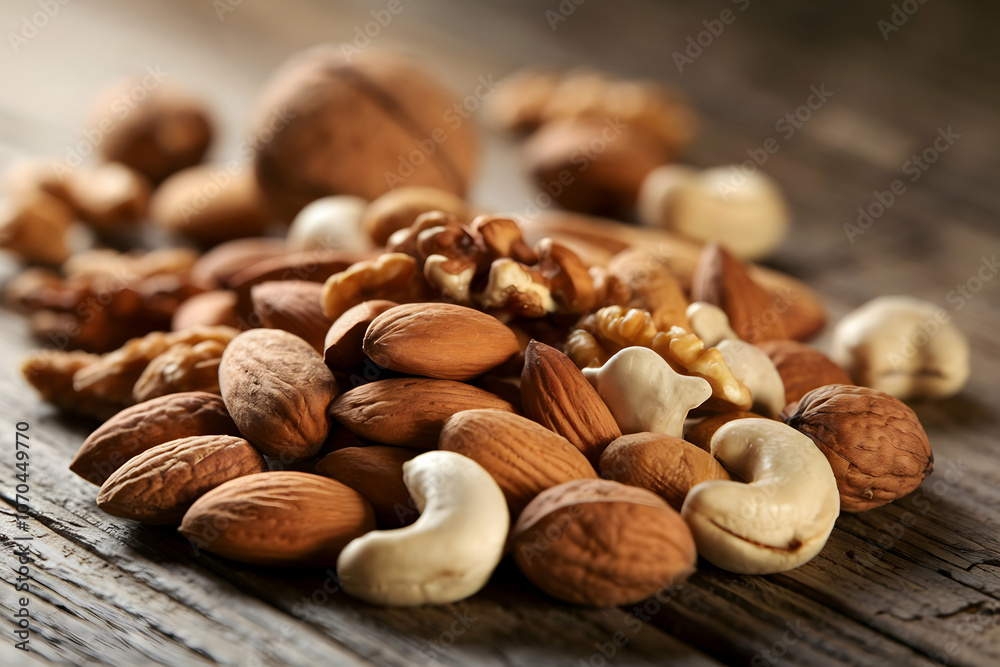 Handful of nuts on rustic table, natural light enhancing textures and warmth Handful of nuts on rustic table, natural light enhancing textures and warmth