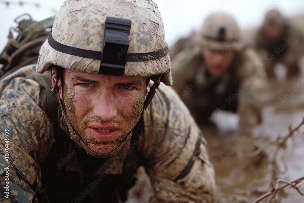 Fototapeta premium Military personnel engage in a grueling training session, emphasizing courage, cooperation, and discipline as they push through the muddy challenge together.