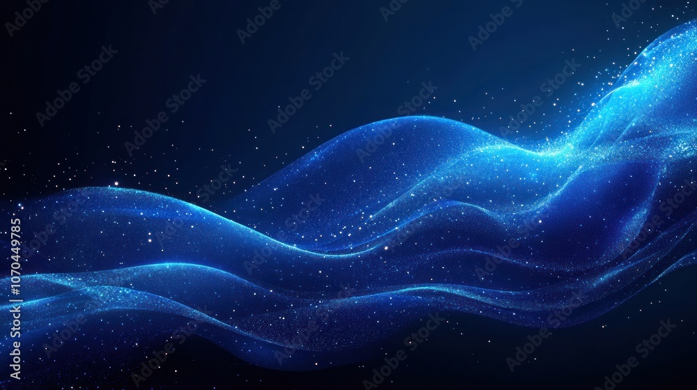 Abstract blue wave with glowing particles on a dark background. Abstract blue wave with glowing particles on a dark background.