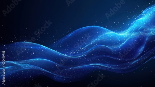 Abstract blue wave with glowing particles on a dark background.