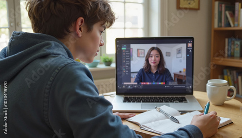 A student on a laptop screen in a virtual classroom