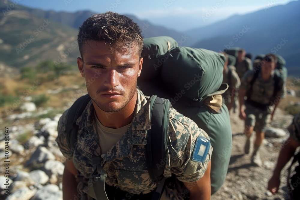 A focused soldier with a backpack is trekking on a narrow, rocky trail through mountains, showcasing determination, strength, and endurance under the sun. A focused soldier with a backpack is trekking on a narrow, rocky trail through mountains, showcasing determination, strength, and endurance under the sun.