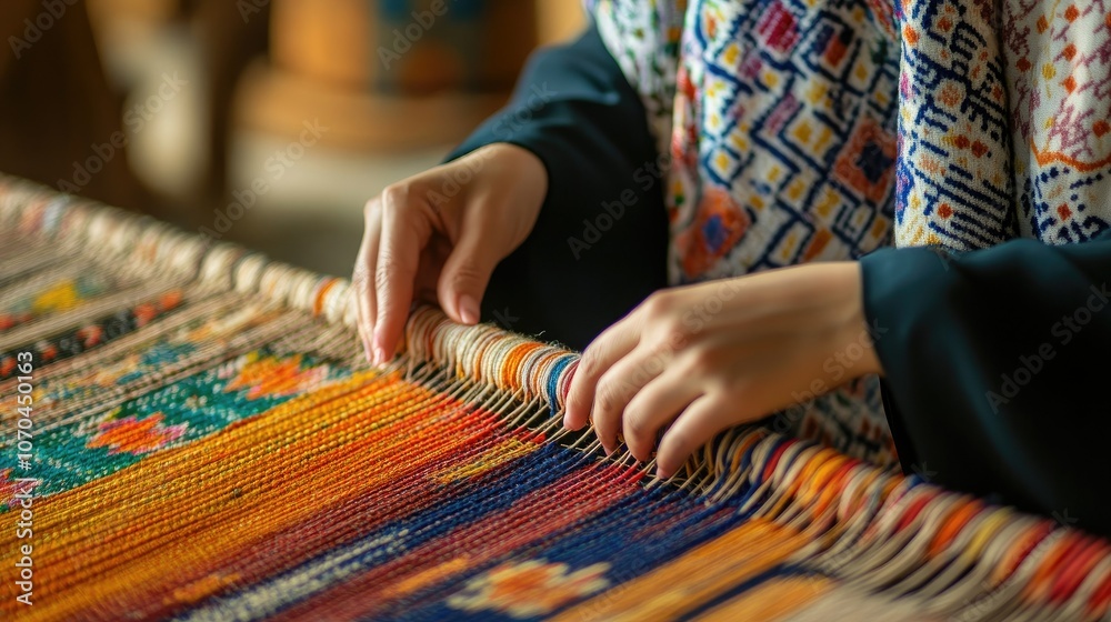 Emirati Sadu weaving fabric with colorful geometric patterns. Copy space Emirati Sadu weaving fabric with colorful geometric patterns. Copy space