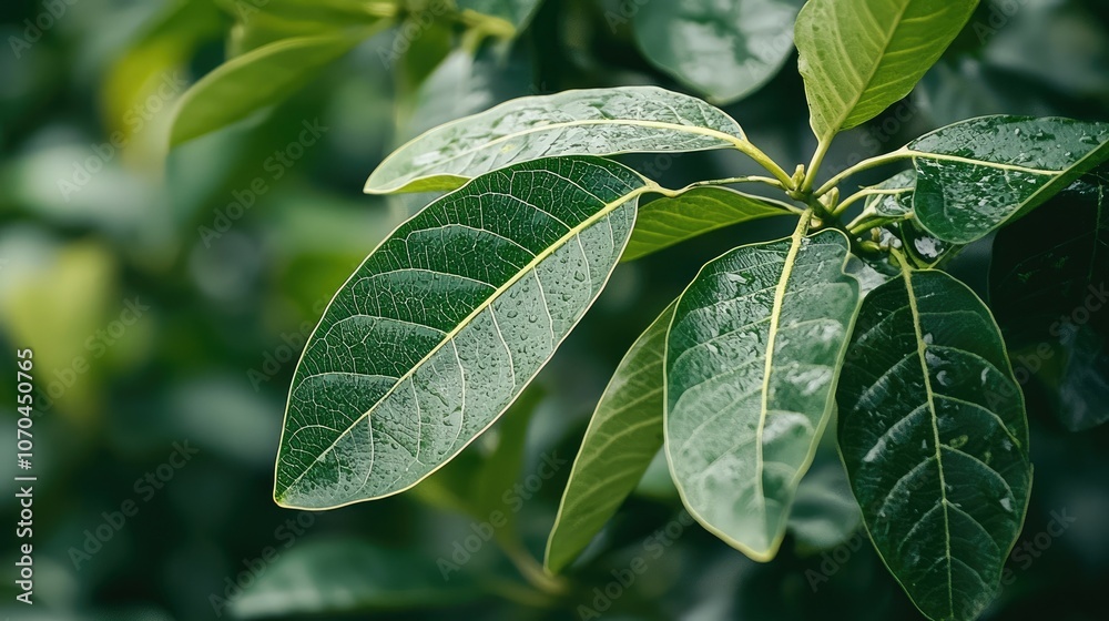 Obraz premium Close up of green leaves with water droplets on them.