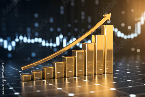 Golden bars ascend on a reflective surface, symbolizing rising financial trends