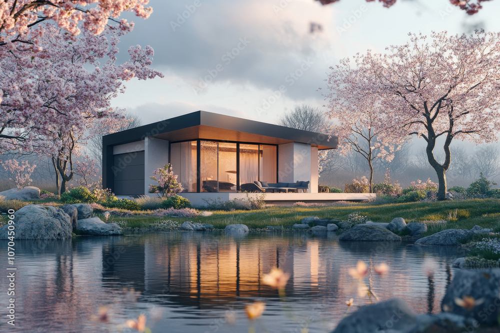 Obraz premium Modern Japanese Building in Spring Residential Area Architecture