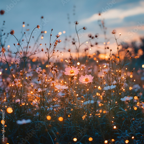 serene field of flowers illuminated by soft lights at sunset, creating magical atmosphere. delicate blooms and warm glow evoke sense of tranquility and beauty