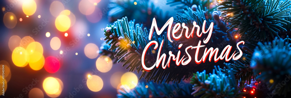 Merry christmas text on a christmas tree with lights in the background Merry christmas text on a christmas tree with lights in the background