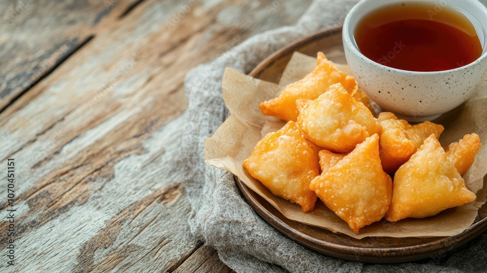 fried dumplings with a side of date syrup. Copy space