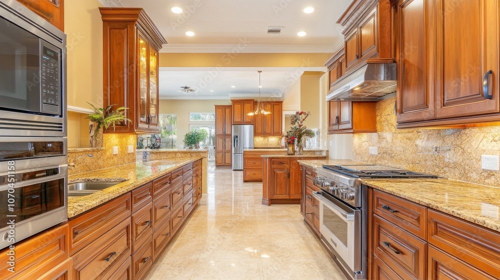 Fototapeta premium Modern kitchen with warm wood cabinetry, marble countertops, and sleek appliances; cozy ambient lighting fills the space, enhancing the inviting atmosphere.