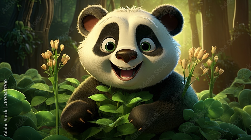 Happy Panda Sitting in Lush Greenery in Bamboo Forest Happy Panda Sitting in Lush Greenery in Bamboo Forest