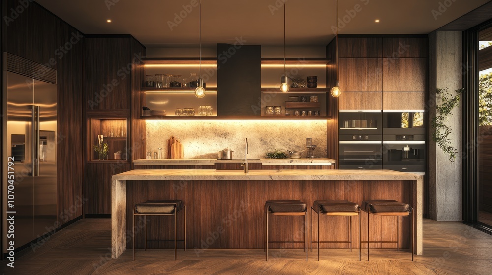Spacious, open kitchen with warm wood cabinetry, quartz countertops, and hanging lights; a blend of modern and rustic styles.