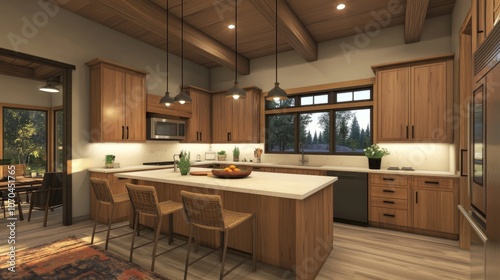 Spacious, open kitchen with warm wood cabinetry, quartz countertops, and hanging lights; a blend of modern and rustic styles. photo