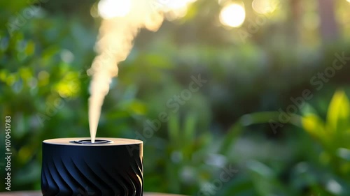 Enjoy the soothing aroma filling the air as an elegant diffuser releases steam amidst a tranquil garden during golden hour, natural light, tranquil atmosphere for relaxation and meditation, spa retrea