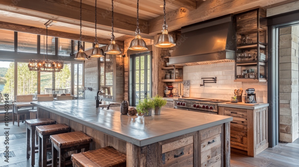 Stylish modern kitchen with earthy wood accents, spacious countertop, and hanging pendant lights for a cozy and inviting feel. Stylish modern kitchen with earthy wood accents, spacious countertop, and hanging pendant lights for a cozy and inviting feel.