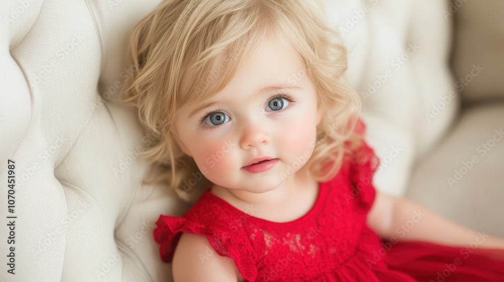 A young girl with curly blonde hair and striking blue eyes gazes softly while sitting on a cozy sofa. She wears a red dress, adding a pop of color to the serene setting lit by soft light. A young girl with curly blonde hair and striking blue eyes gazes softly while sitting on a cozy sofa. She wears a red dress, adding a pop of color to the serene setting lit by soft light.