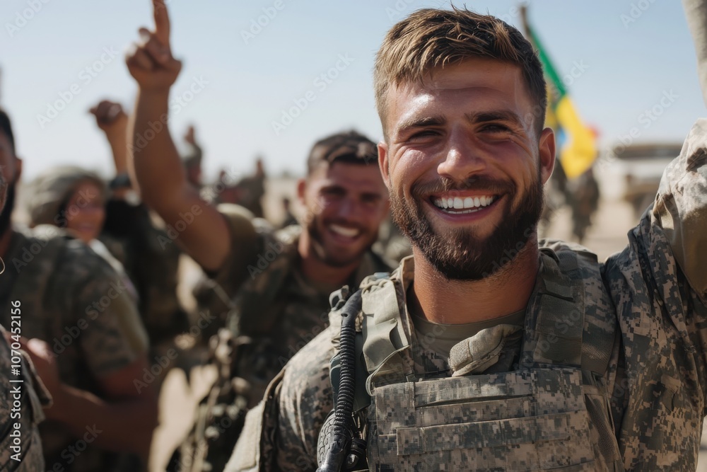 Fototapeta premium A group of soldiers in military uniforms are joyfully celebrating outdoors, with one soldier prominently smiling and raising his fist toward the camera.