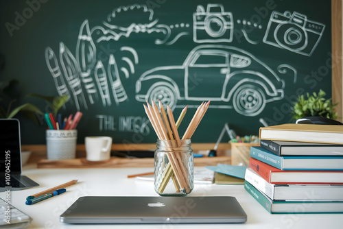 Desk with laptop, chalkboard, and books for a creative environment
