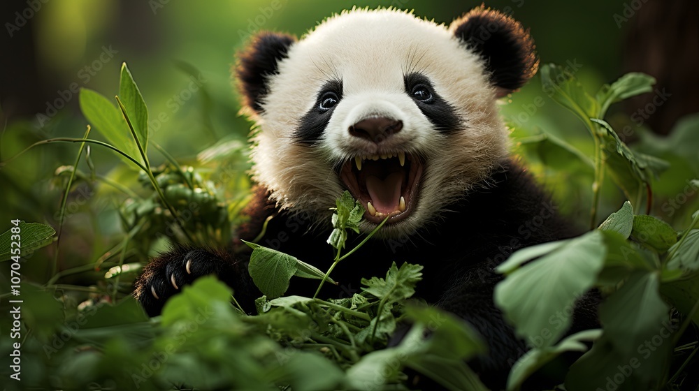 Panda Sitting on Hind Legs Holding Leafy Green Plant Panda Sitting on Hind Legs Holding Leafy Green Plant
