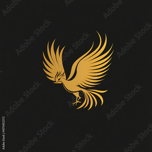 golden phoenix with outstretched wings symbolizes rebirth and strength, set against black background. This striking design captures essence of resilience and transformation photo