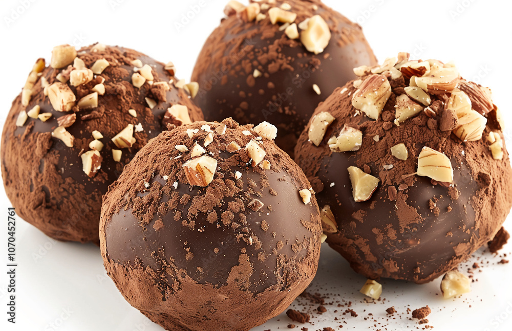 Close-up of four chocolate truffles dusted with cocoa powder and topped with chopped almonds. The truffles are sitting on a white surface