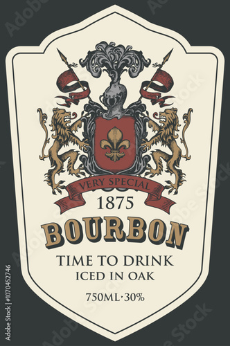 Hand-drawn banner or label for Bourbon with coat of arms on an old paper background. Vector heraldic coat of arms in vintage style with lions, spears, knights helmet and fleur de lis on a shield
