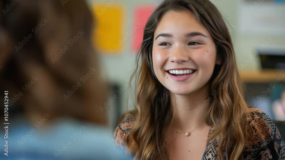 This cheerful young woman interacts warmly with a peer in a classroom environment. This cheerful young woman interacts warmly with a peer in a classroom environment.