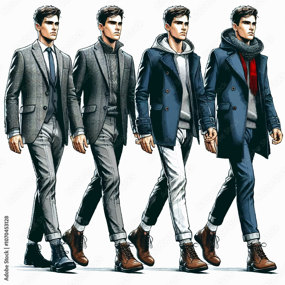 Stylish Trendy Business Fashion Man Model Smiling and Walking on White Background Drawing Avatar Stylish Trendy Business Fashion Man Model Smiling and Walking on White Background Drawing Avatar