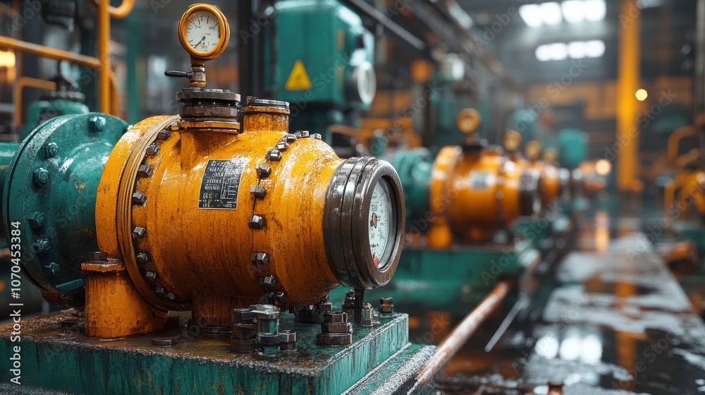 Industrial Pump Station with Pipes and Gauges in Daylight Industrial Pump Station with Pipes and Gauges in Daylight