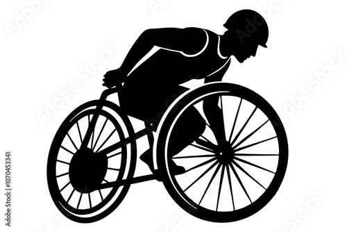 Silhouette of an athlete in a wheelchair racer, black and white, wheelchair sports, vector graphic style.