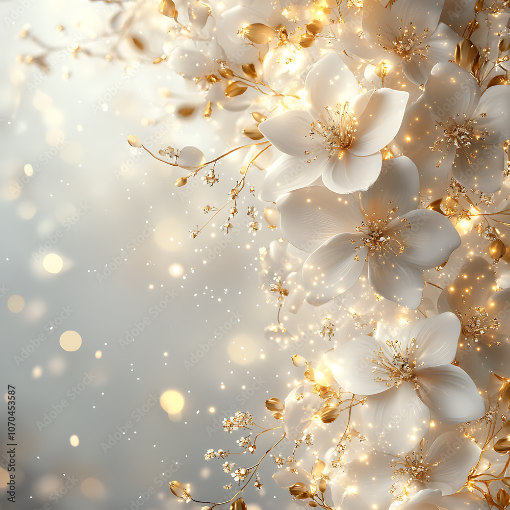 White flowers with golden accents and soft lights create dreamy, romantic atmosphere, perfect for weddings or special occasions White flowers with golden accents and soft lights create dreamy, romantic atmosphere, perfect for weddings or special occasions